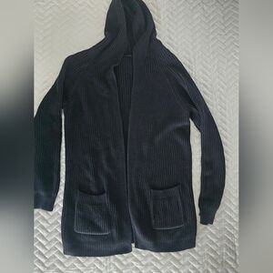 REPEAT black cotton knit ribbed hooded cardigan sweater